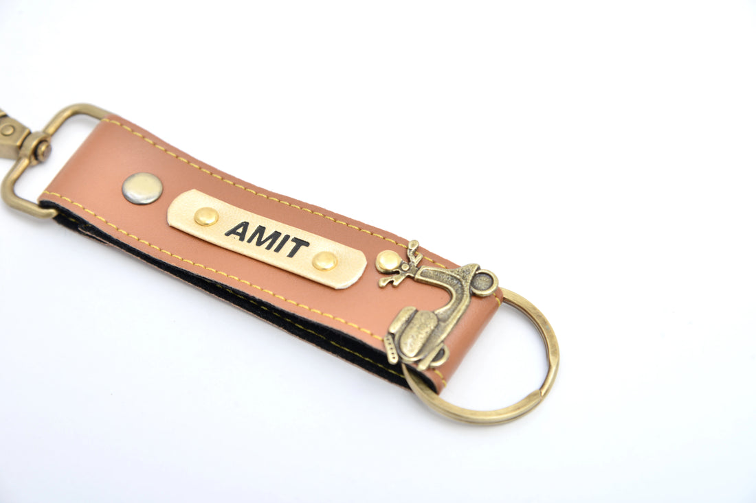 Personalized Vegan Leather Keychain with Hook - Tan