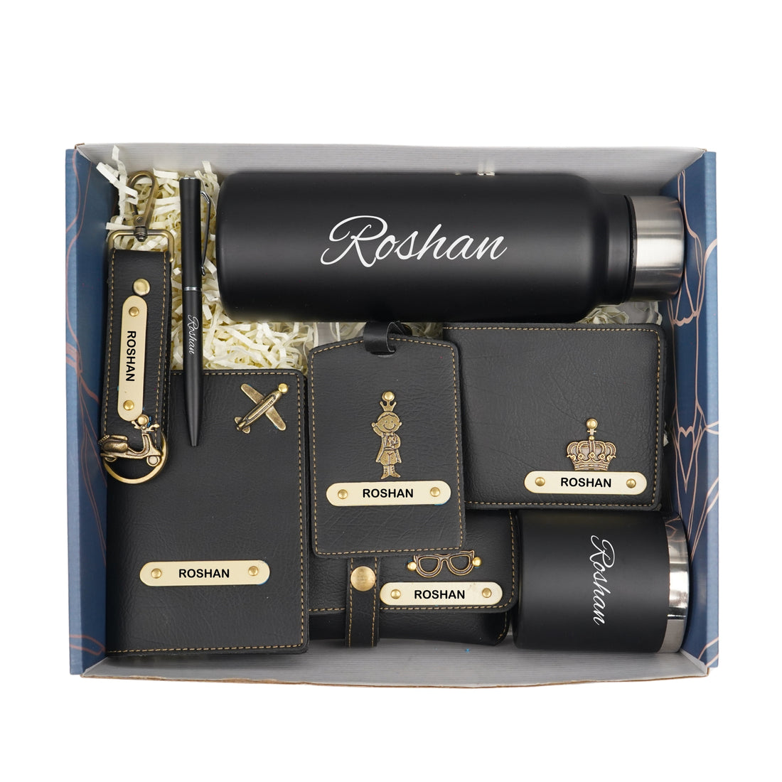 Customized men Gift with Name & Charm, Leather men's Wallett, Passport Cover, Water Bottle, Keychain, Customised Pen - Black