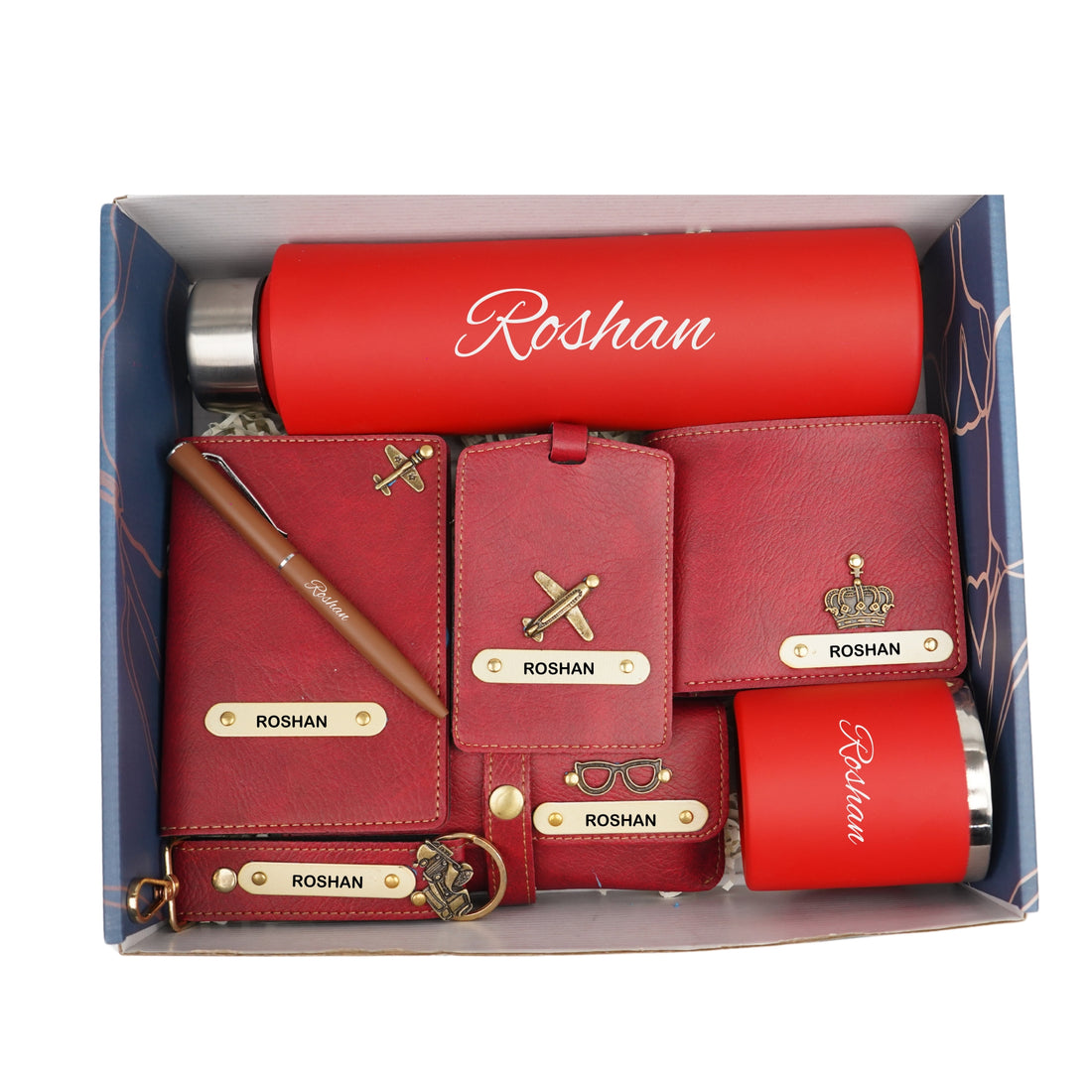 Customized men Gift with Name & Charm, Leather men's Wallett, Passport Cover, Water Bottle, Keychain, Customised Pen - Wine