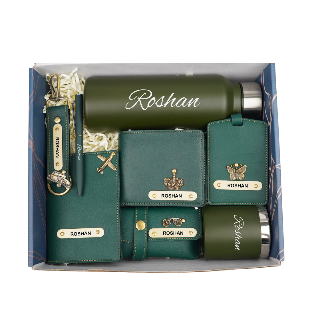 Customized men Gift with Name & Charm, Leather men's Wallett, Passport Cover, Water Bottle, Keychain, Customised Pen - Green