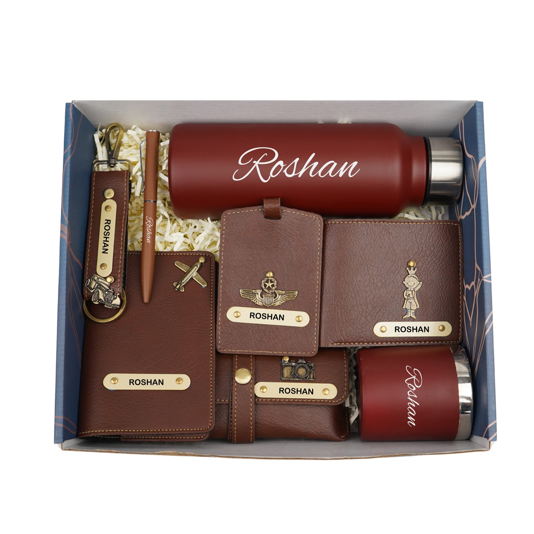 Customized men Gift with Name & Charm, Leather men's Wallett, Passport Cover, Water Bottle, Keychain, Customised Pen - Brown