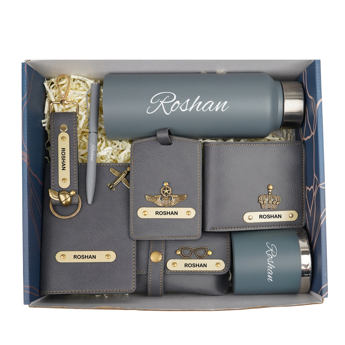 Customized men Gift with Name & Charm, Leather men's Wallett, Passport Cover, Water Bottle, Keychain, Customised Pen - Grey
