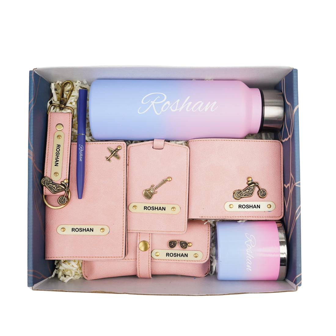 Customized men Gift with Name & Charm, Leather men's Wallett, Passport Cover, Water Bottle, Keychain, Customised Pen - Pink