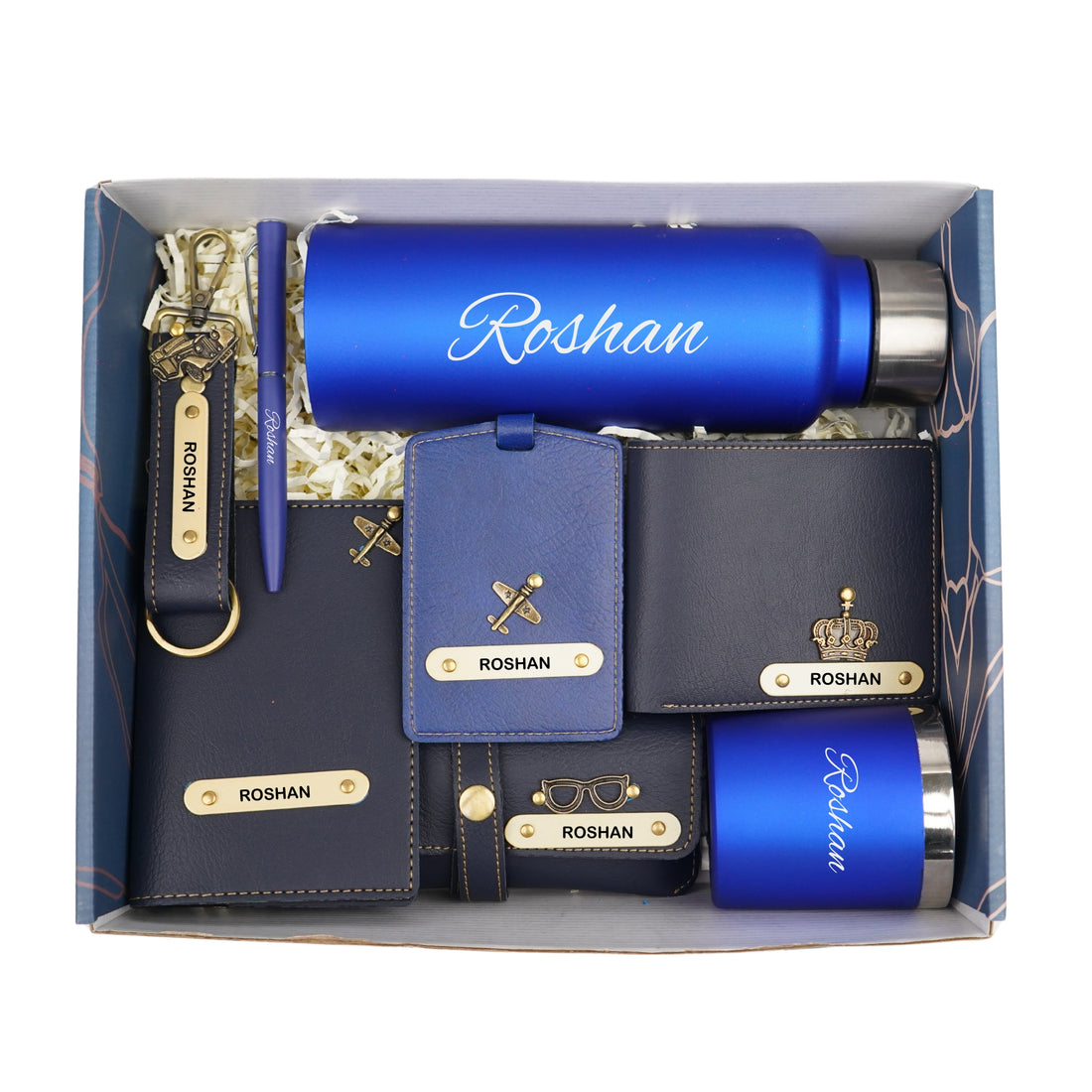 Customized men Gift with Name & Charm, Leather men's Wallett, Passport Cover, Water Bottle, Keychain, Customised Pen - Blue