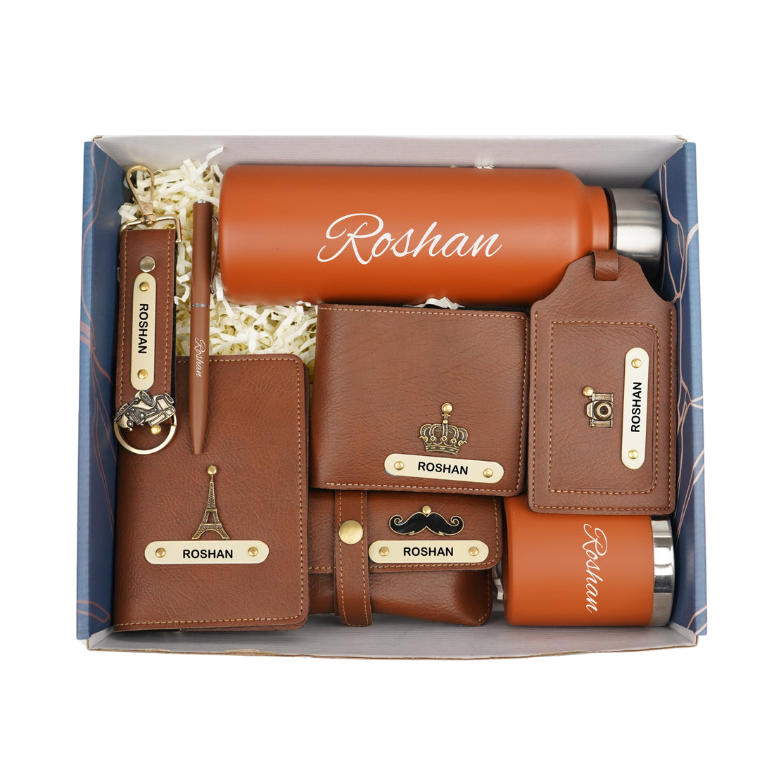Customized men Gift with Name & Charm, Leather men's Wallett, Passport Cover, Water Bottle, Keychain, Customised Pen - Tann