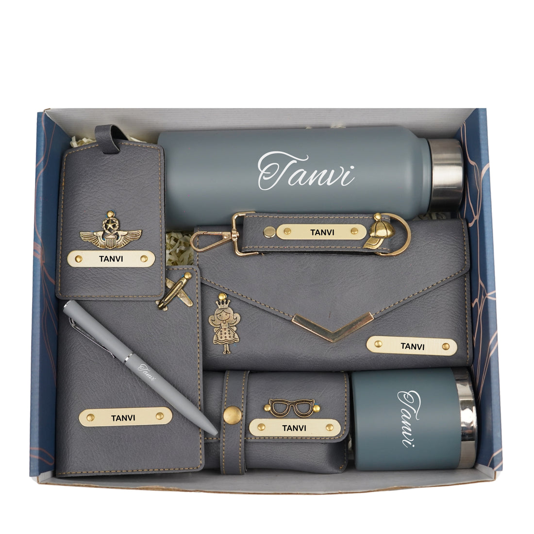 Customized Women Gift with Name & Charm, Leather Lady Wallett, Passport Cover, Water Bottle, Keychain, Customised Pen - Grey