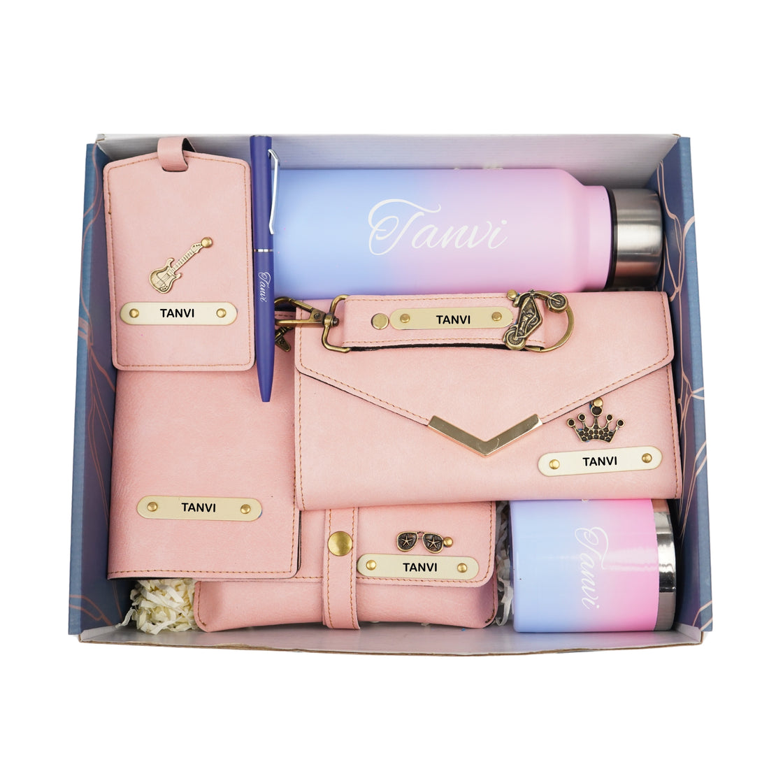 Customized Women Gift with Name & Charm, Leather Lady Wallett, Passport Cover, Water Bottle, Keychain, Customised Pen - Pink