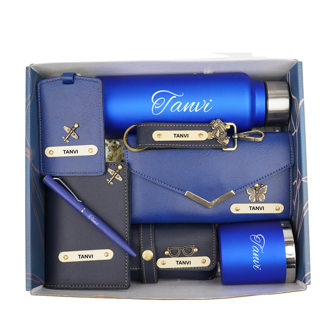 Customized Women Gift with Name & Charm, Leather Lady Wallett, Passport Cover, Water Bottle, Keychain, Customised Pen - Blue