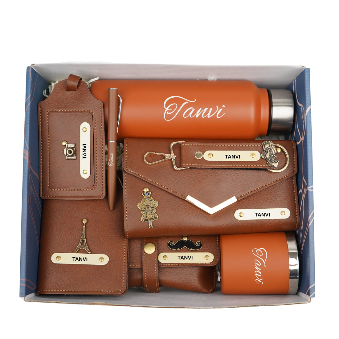 Customized Women Gift with Name & Charm, Leather Lady Wallett, Passport Cover, Water Bottle, Keychain, Customised Pen - Tan