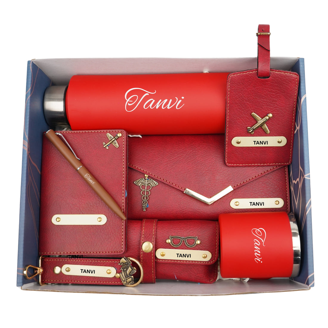 Customized Women Gift with Name & Charm, Leather Lady Wallett, Passport Cover, Water Bottle, Keychain, Customised Pen - Wine