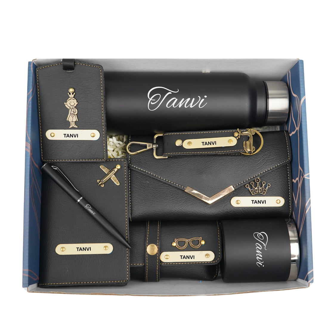 Customized Women Gift with Name & Charm, Leather Lady Wallett, Passport Cover, Water Bottle, Keychain, Customised Pen - Black