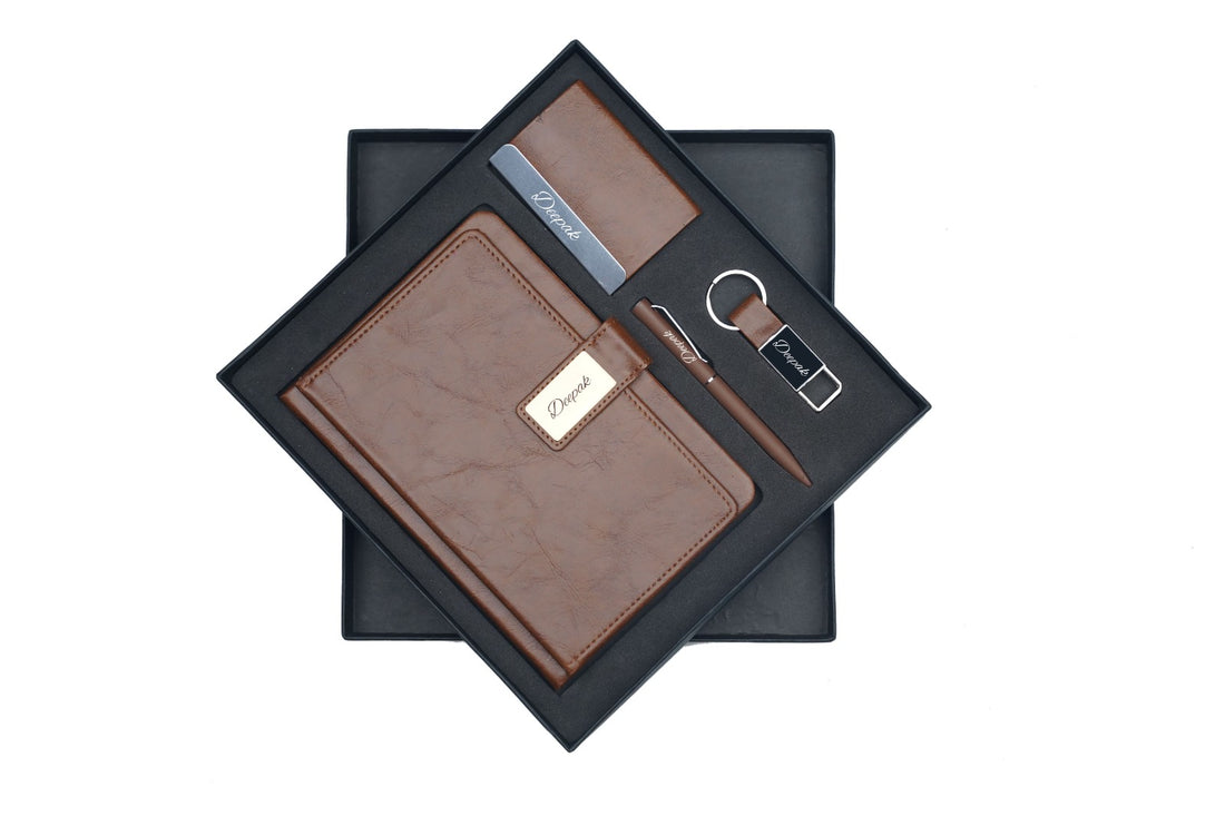 Classy Executive Diary + Classic Metal Pen + Classy Leather Metal Keychain + Classy Card Holder - Tan