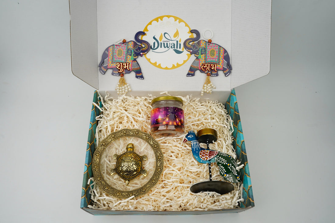 "Diwali Combo 3.0 – 2025 🎉 | Peacock Tea Candle, Kachua Lucky Charm, Almonds & Shubh Labh Latkan – Premium Gift Set"