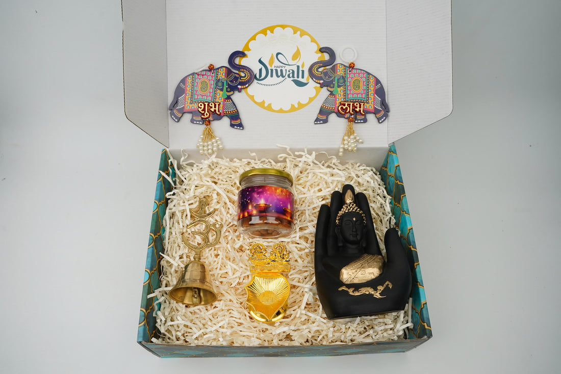 "Diwali Combo 4.0 – 2025 🎉 | Shubh Labh Latkan, Laxmi Ganesh Diya, Om Bell, Palm Buddha & Almonds – Premium Gift Set"