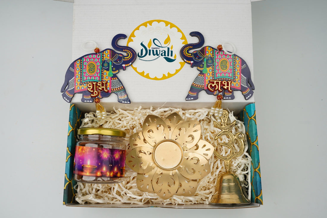 "Diwali Combo 6.0 – 2025 🎉 | Gold Leaf Tea Light, Om Bell, Shubh Labh Latkan & Almonds – Premium Gift Set"