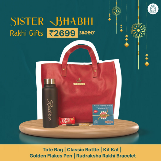 personalized tote bag and water bottle rakhi combo