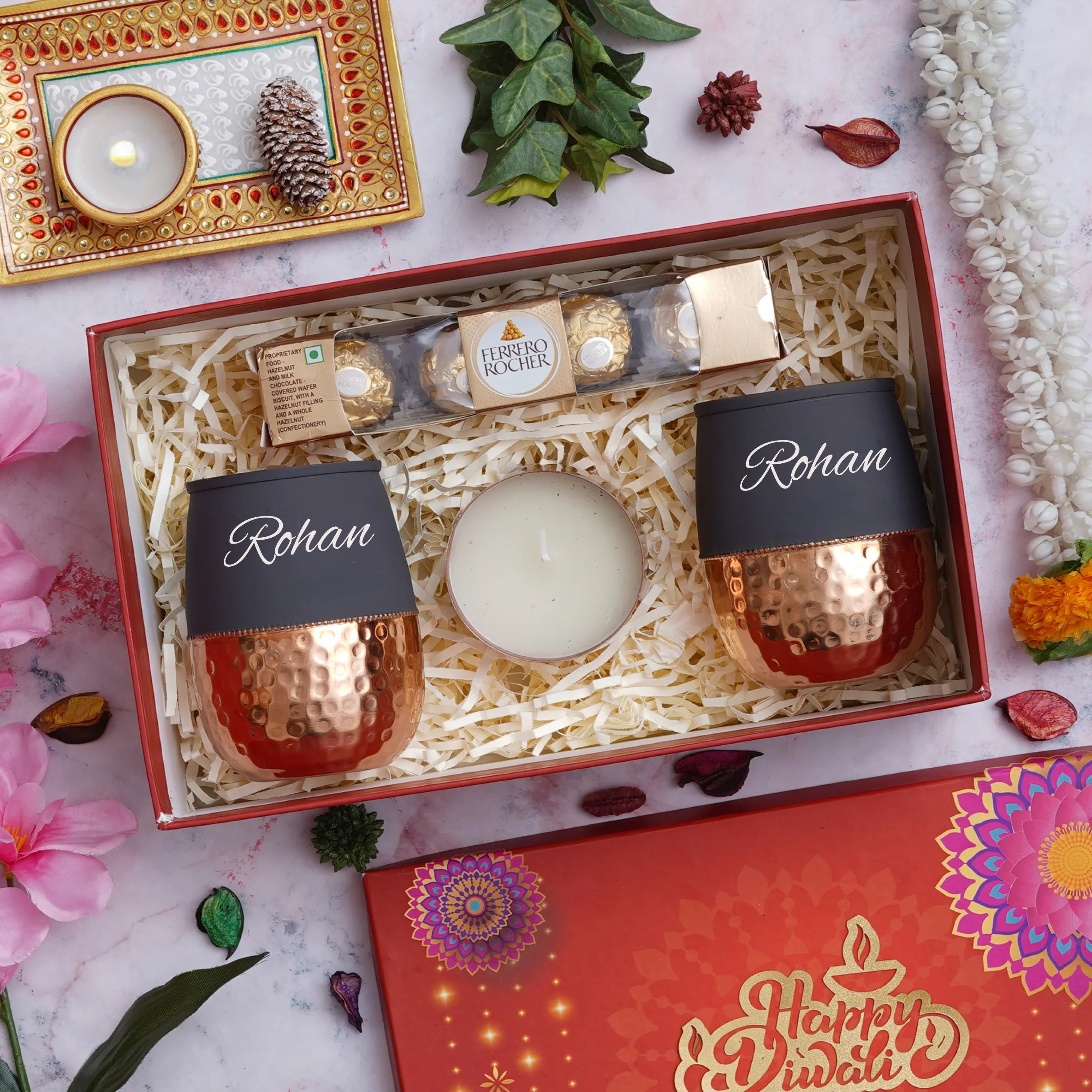 Diwali Gift Set with Name Bottle, Laddu Candle, Gold Coin Chocolate Combo