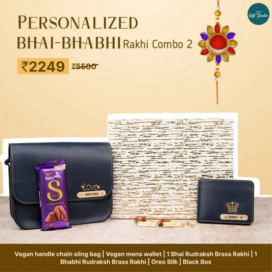 personalized men's wallet and lady chain sling bag rakhi combo