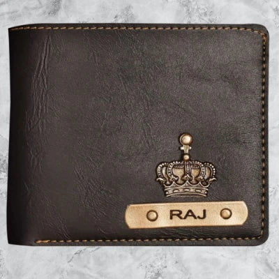 personalized men's leather wallet with name and charm