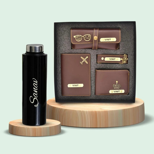 Personalised Black Classic Smart Bottle (1 Litre) & All in One Men's Combo (4 pcs) - Brown