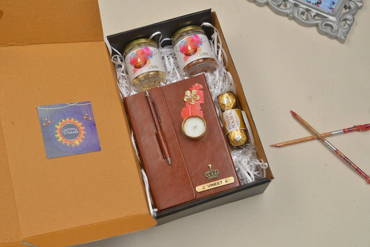 Make this Diwali a memorable one with our fantastic combo! This set includes a stylish diary, a useful keychain, a beautiful diya, delicious chocolates, a sleek pen, and a handy dry fruit jar.