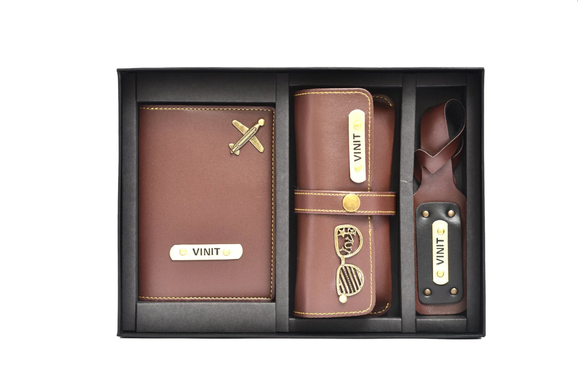 personalized-cb03-brown-customized-best-gift-for-boyfriend-girlfriend.Personalized Frequent Traveller Combo (3 pcs) - Brown.This frequent travellers' combo combo consists of a personalized faux leather Passport & Card Holder, a customized passport cover, a customized Eyewear case, and a customized luggage tag proving its value for money!
