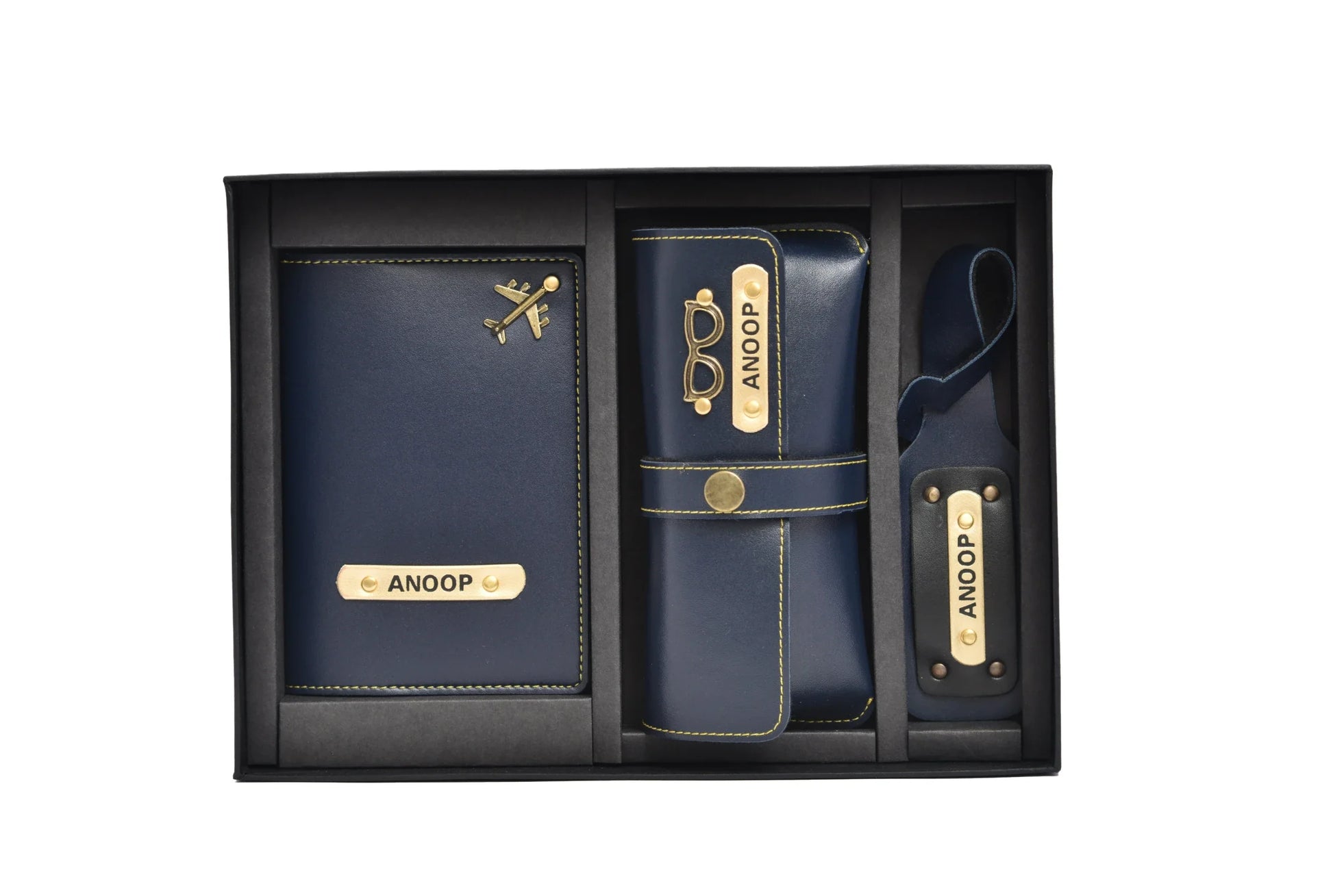 personalized-cb03-royal-blue-customized-best-gift-for-boyfriend-girlfriend.This frequent travellers' combo combo consists of a personalized faux leather Passport & Card Holder, a customized passport cover, a customized Eyewear case, and a customized luggage tag proving its value for money!Personalized Frequent Traveller Combo (3 pcs) - Royal Blue