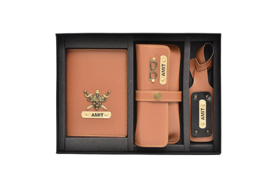 Personalized Frequent Traveller Combo (3 pcs) - Tanpersonalized-cb03-tan-customized-best-gift-for-boyfriend-girlfriend.This frequent travellers' combo combo consists of a personalized faux leather Passport & Card Holder, a customized passport cover, a customized Eyewear case, and a customized luggage tag proving its value for money!