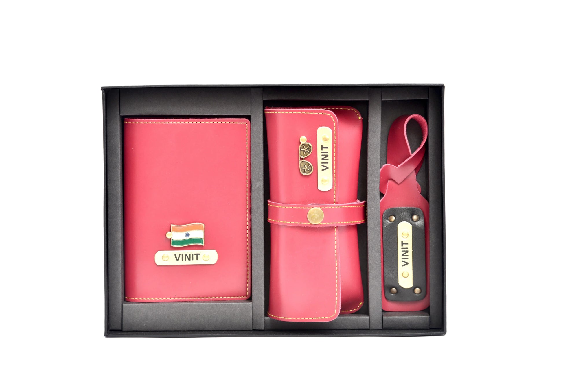 Personalized Frequent Traveller Combo (3 pcs) - Wine.personalized-cb03-wine-customized-best-gift-for-boyfriend-girlfriend This frequent travellers' combo combo consists of a personalized faux leather Passport & Card Holder, a customized passport cover, a customized Eyewear case, and a customized luggage tag proving its value for money!