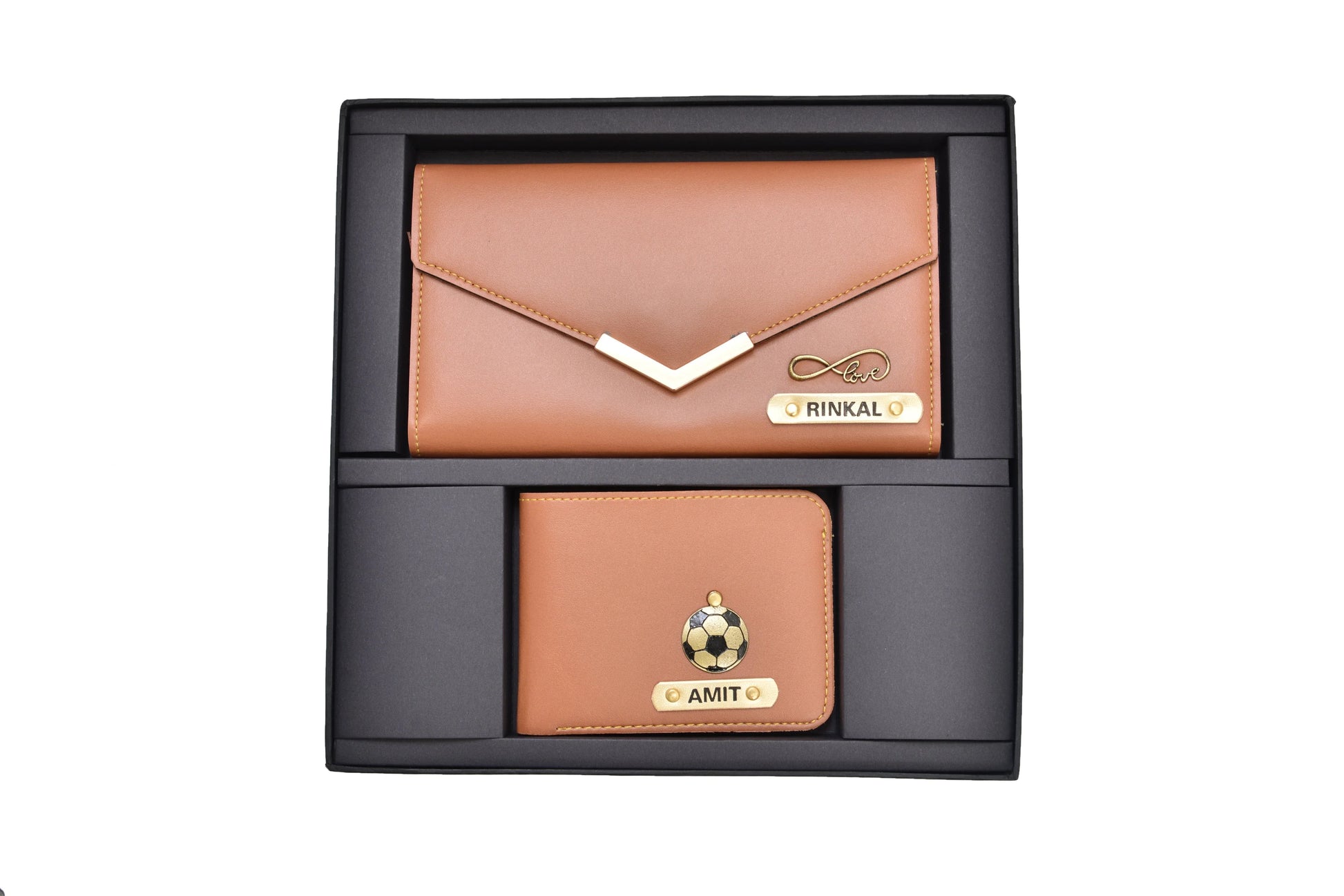 personalized-cb06-tan-customized-best-gift-for-boyfriend-girlfriend.Get this matching couple's customized combo to share every moment with your better half. This classy, stylish, trending and affordable combo is the perfect fit to ceebrte and rejoice your love with your someone special. The sturdy and strong classy leather is very enduring and long-lasting and keeps all your coins, currency, cards, bills, pictures and other documents together in one place.
