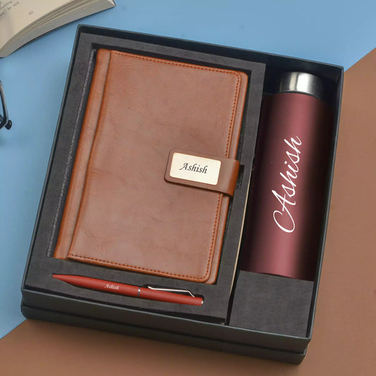 Keep your thoughts, notes and water intake on track with our corporate combo of Classy Hardcover Diary, Classic Metal Pen and Classic Smart Bottle 900 ml - a must-have for the working professionals of Bangalore.