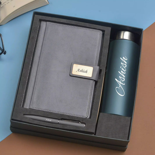 Stay on top of your schedule and hydrated all day long with our corporate combo of Classy Hardcover Diary, Classic Metal Pen and Classic Smart Bottle 900 ml - a great choice for the busy professionals of Kolkata.