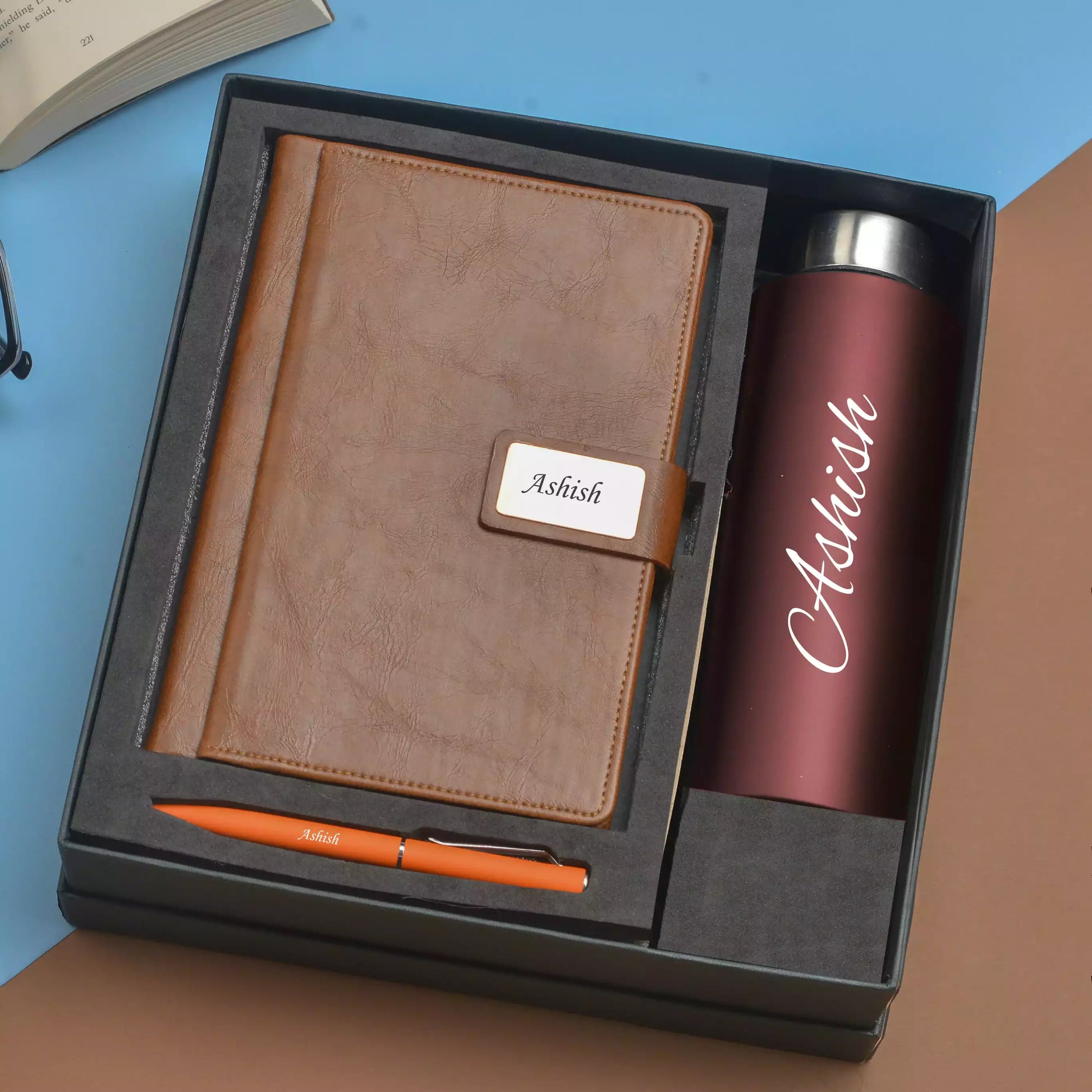 The personalized corporate combo of Classy Hardcover Diary, Classic Metal Pen and Classic Smart Bottle 900 ml is the ultimate choice for staying productive and hydrated on the go in Hyderabad.