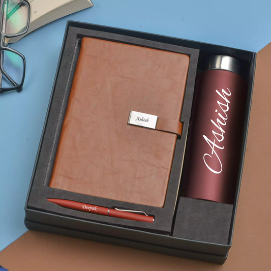 The Classy Hardcover Diary, Classic Metal Pen, and Classic Smart Bottle 900 ml are the ultimate set for anyone who values organization, style, and convenience. Keep track of your daily tasks, take notes, and stay hydrated with ease.