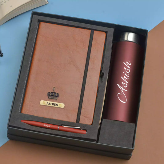 The Classy Hardcover Diary, Classic Metal Pen, and Classic Smart Bottle 900 ml are the ultimate set for anyone who values organization, style, and convenience. Keep track of your daily tasks, take notes, and stay hydrated with ease.