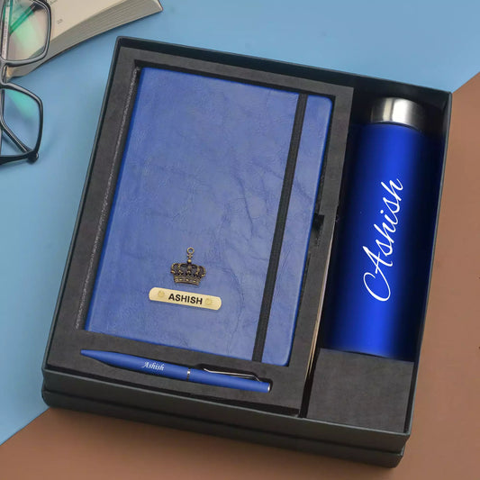 Our Classy Hardcover Diary, Classic Metal Pen, and Classic Smart Bottle 900 ml are the perfect tools for staying on top of your game. Keep track of your daily tasks and ideas with the diary, take notes with the pen, and stay hydrated with the leak-proof bottle.