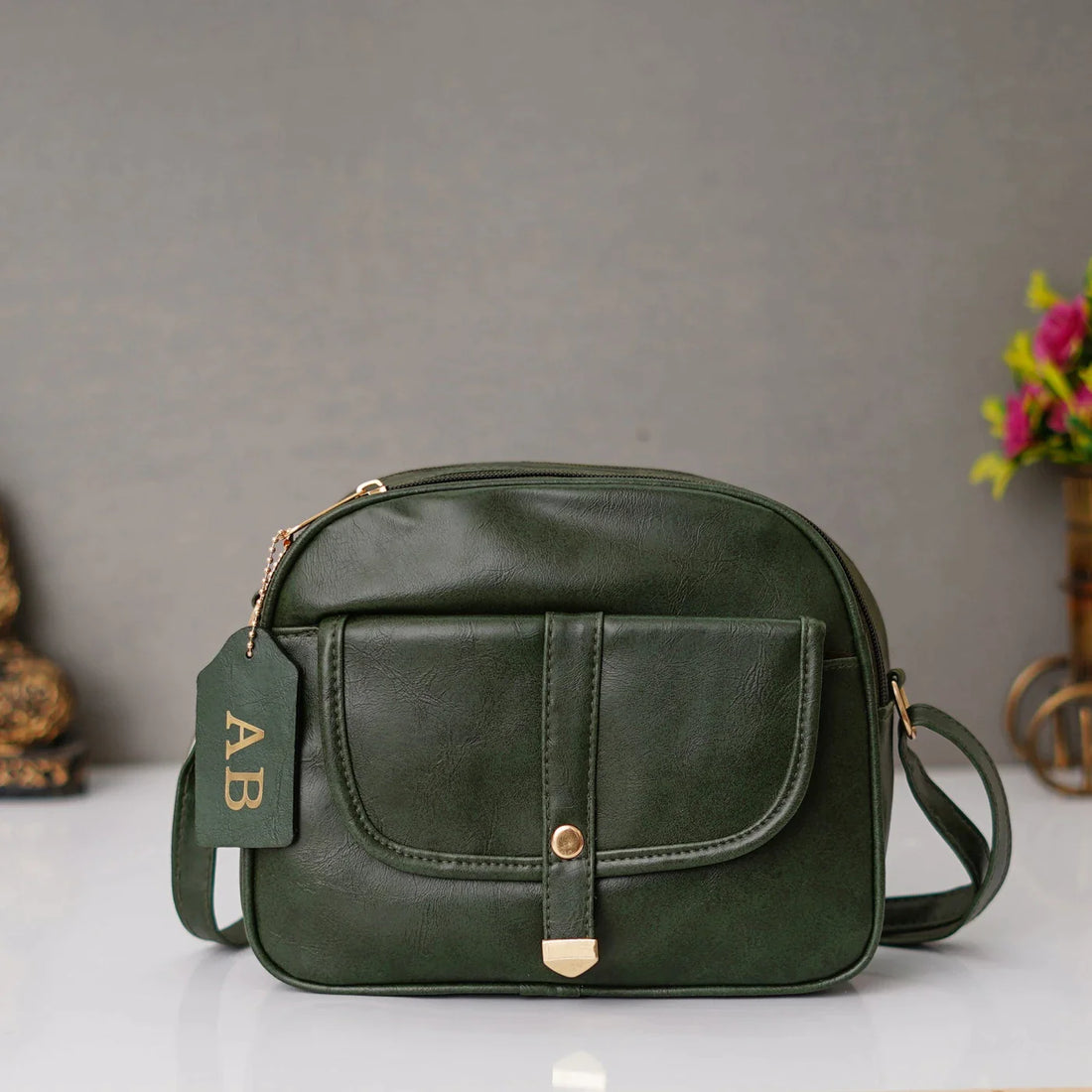 Classy Leather Customized Chain Sling Bag - Olive Green