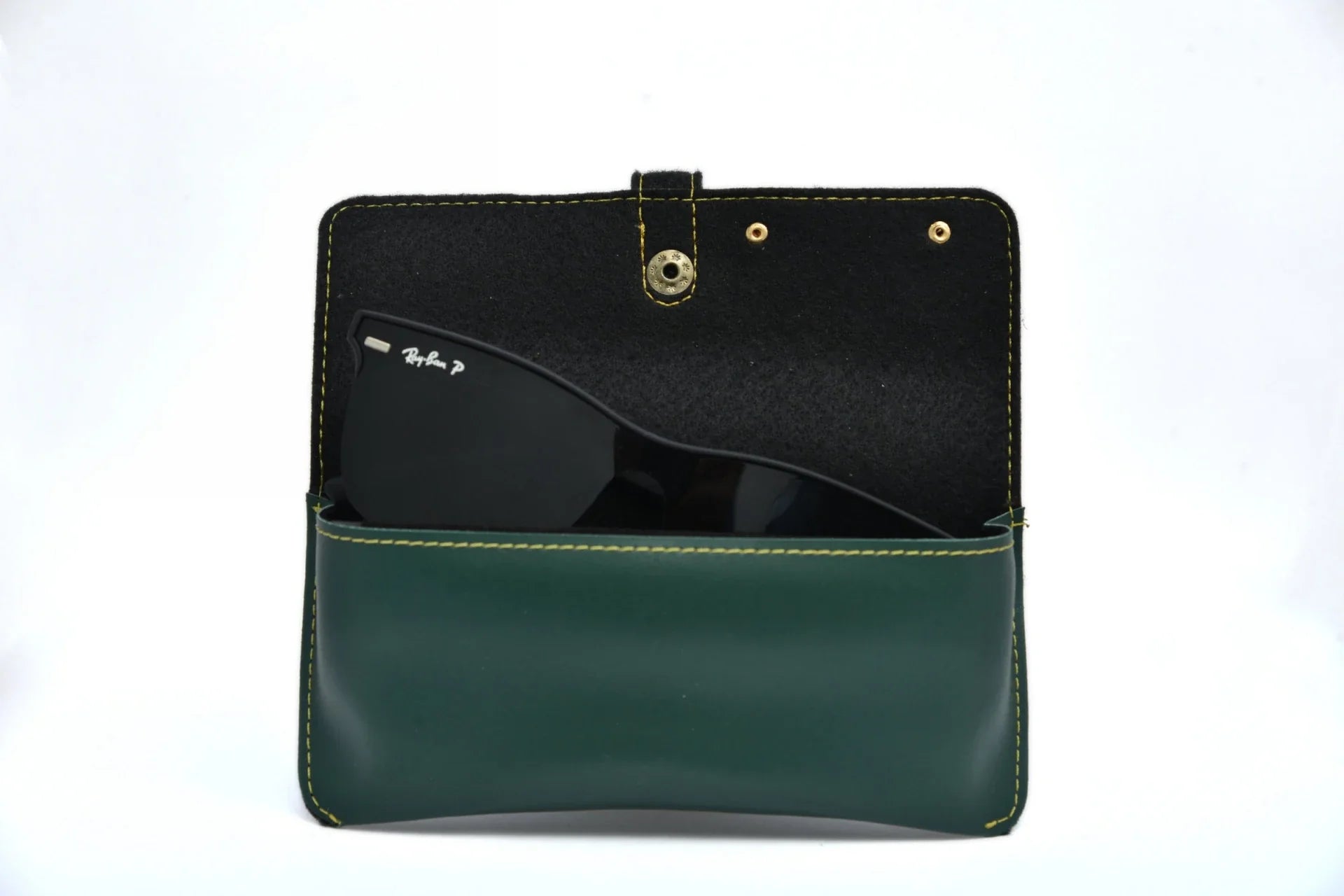 Inside or open view of olive green sunglasses case