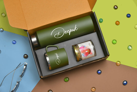 Make your Diwali celebration truly special with our customizable Diwali combo. This set includes a perosnalised bottle, classy mug and delicious dry fruit jar all designed to bring a touch of traditional elegance and practicality to your Diwali celebrations.