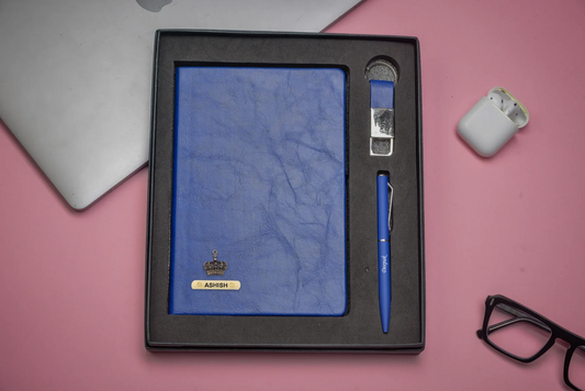 "Simplify your daily routine and stay on top of your game with our essential corporate combo. Our practical diary, smooth pen, and handy keychain will help you stay organized and focused."
