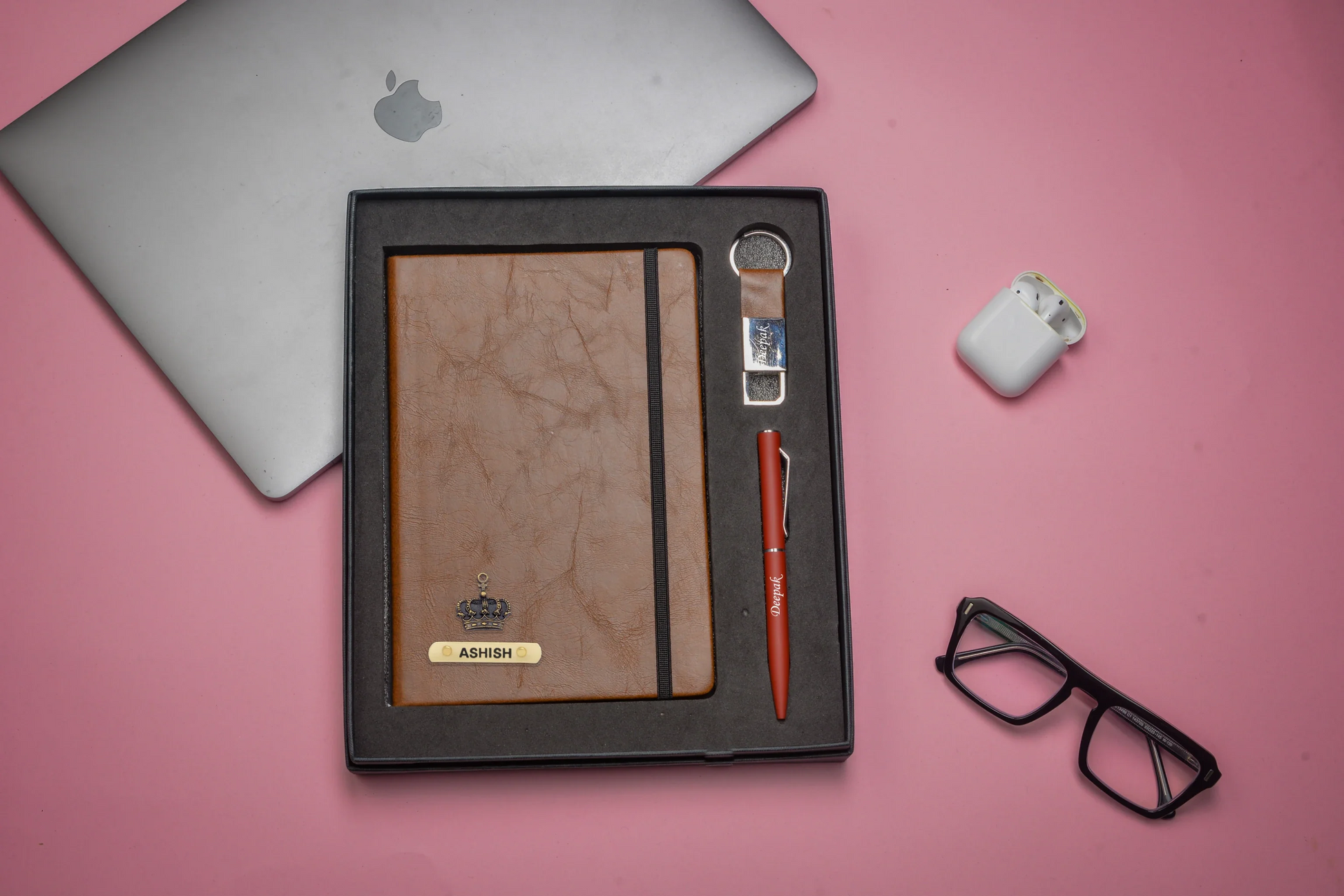 "Stay motivated and achieve your goals with our inspiring corporate combo. Our motivational diary, reliable pen, and inspiring keychain will keep you focused and on track."