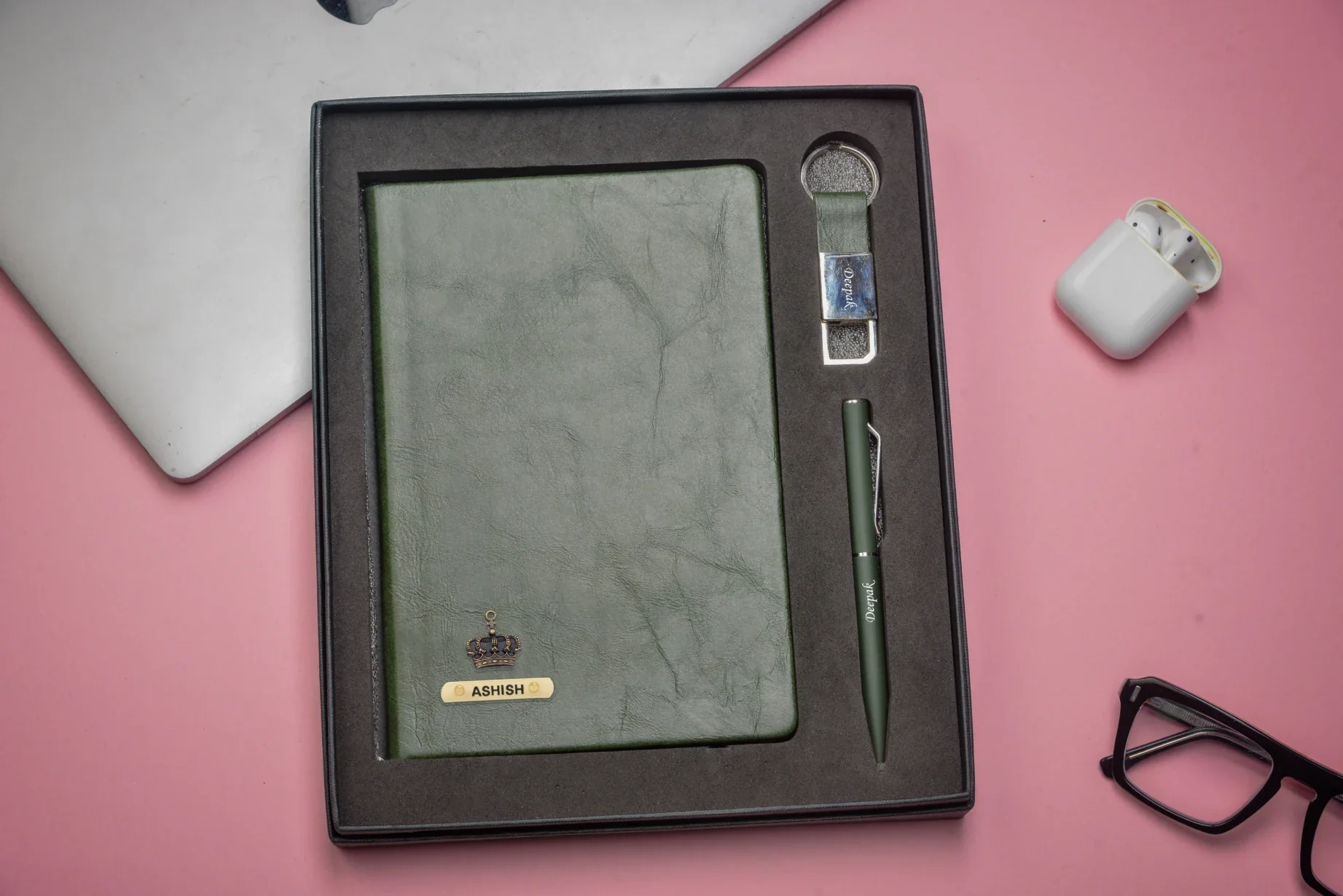 "Expand your horizons and explore your innermost thoughts with our introspective corporate duo. Our thought-provoking diary, precise pen, and reflective keychain will help you grow and evolve."