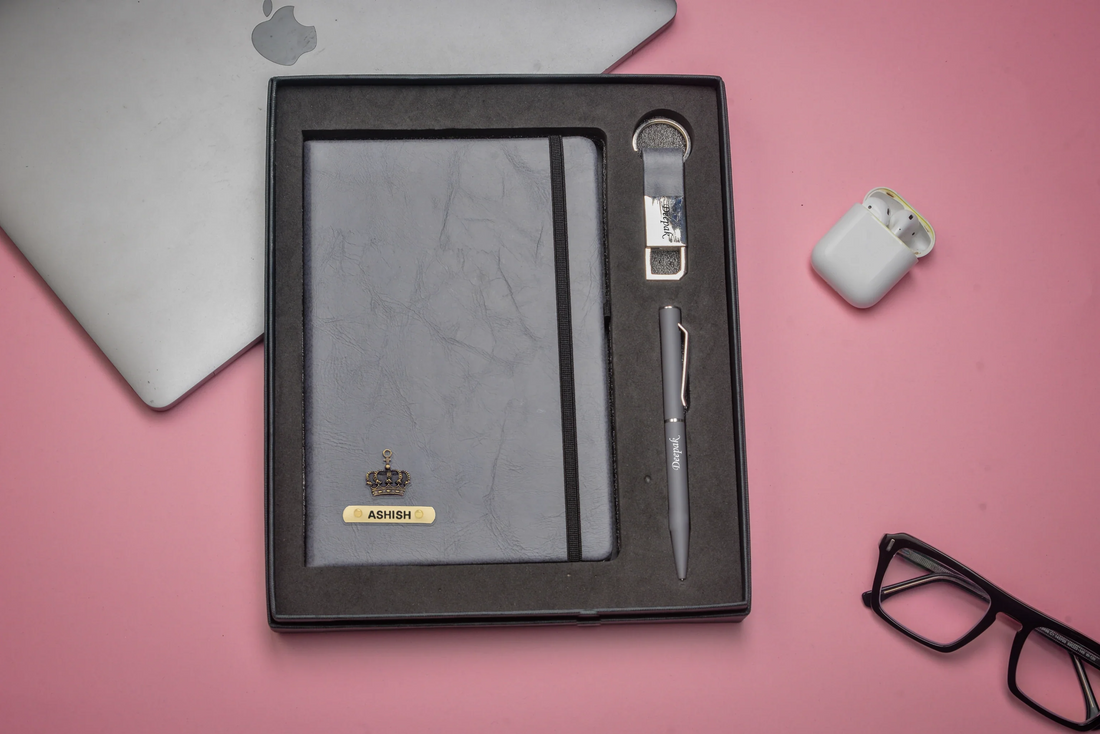 "Get the job done with our durable and reliable corporate combo. Our tough diary, strong pen, and sturdy keychain will help you take on any challenge with confidence."