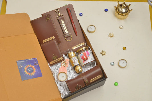 Add a touch of luxury to your Diwali celebration with this exclusive combo set. The hardcover diary, faux leather keychain, passport cover, eyewear, wallet, Ferrero Rocher, diya, dryfruit jar, and metal pen are perfect to make your Diwali festive season memorable.