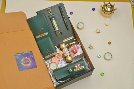 This Diwali, give the gift of organization and style with our exclusive combo set. Featuring a hardcover diary, faux leather keychain, passport cover, eyewear, wallet, chocolates, diya, dryfruit jar, and pen, it has everything your loved ones need to make this festival even more special.
