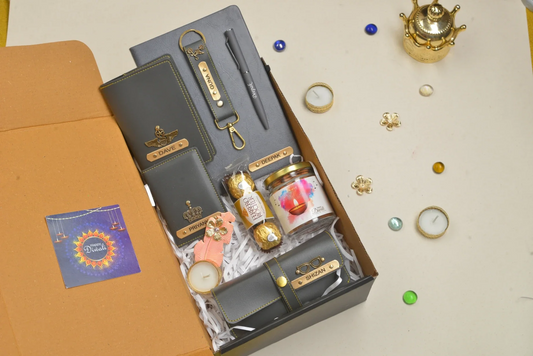 Celebrate Diwali in style with our customizable combo set! It includes a diary, keychain, diya, chocolates, and pen paired with amazing leather products, all personalized for a unique touch. Perfect for friends, family, and coworkers.