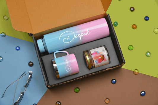 Impress your loved ones this Diwali with our customizable Diwali combo. This set includes a stylish bottle and ug paired with a jar of crispy dry fruits, all personalized with your unique message and design.