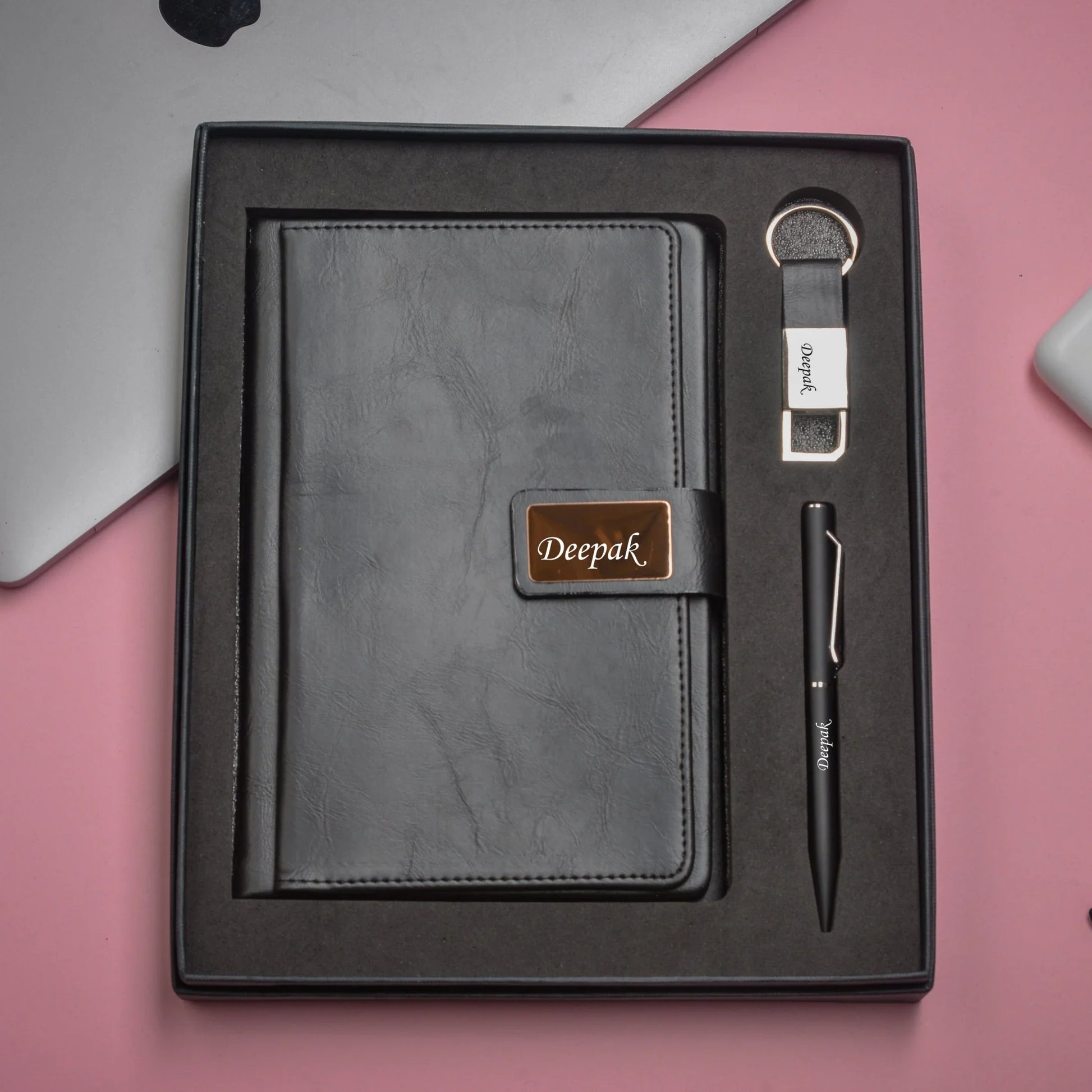"Write with flair and creativity with our artistic corporate set. Our expressive diary, bold pen, and unique keychain will inspire you to unleash your creativity and bring your ideas to life."