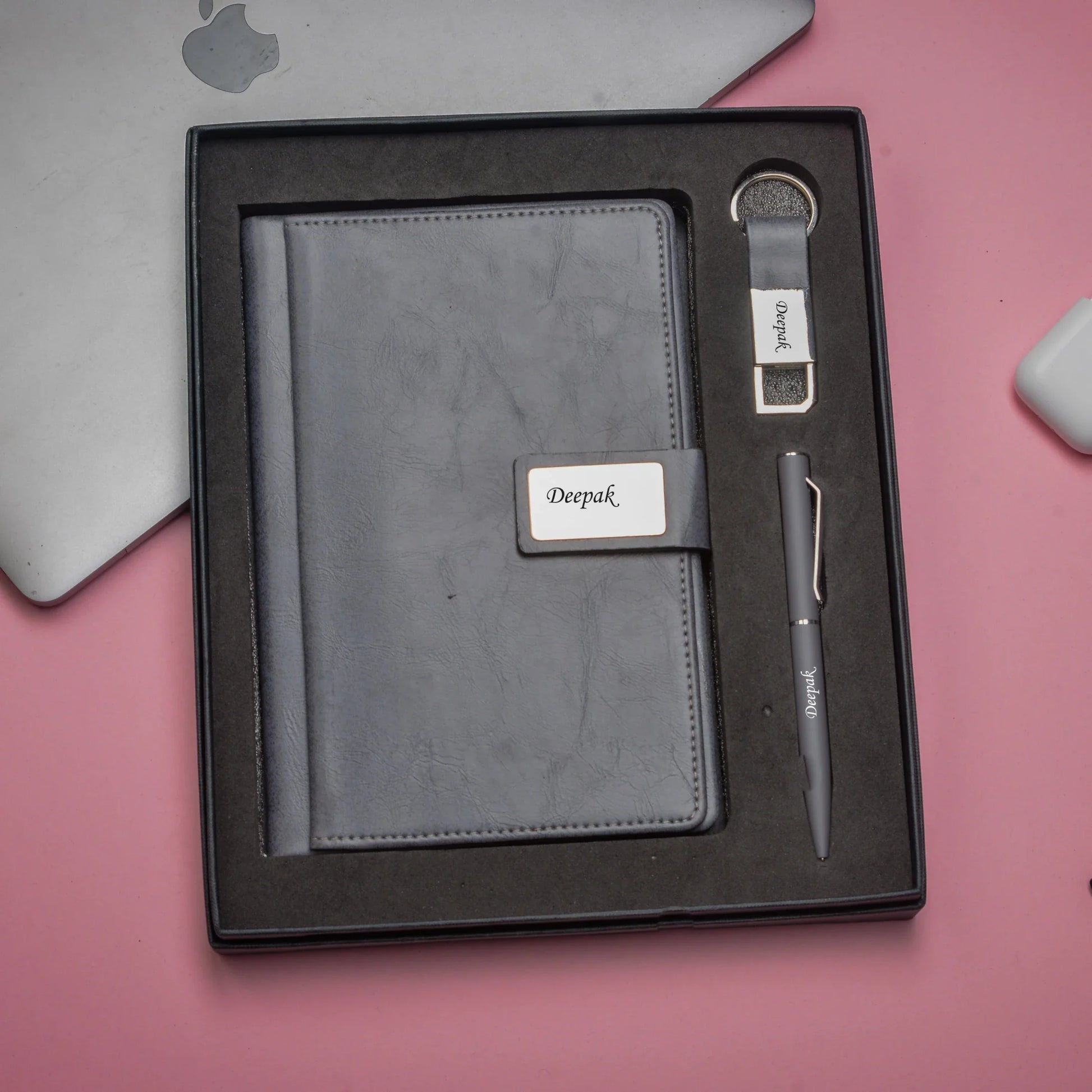 "Expand your horizons and explore your innermost thoughts with our introspective corporate duo. Our thought-provoking diary, precise pen, and reflective keychain will help you grow and evolve."