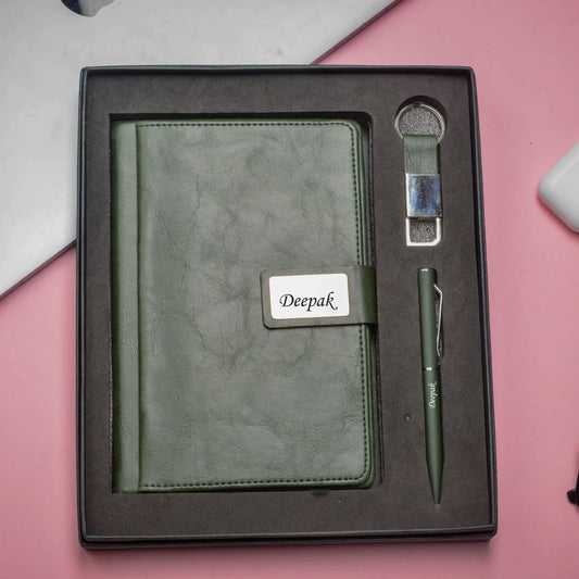 "Stay motivated and achieve your goals with our inspiring corporate combo. Our motivational diary, reliable pen, and inspiring keychain will keep you focused and on track."
